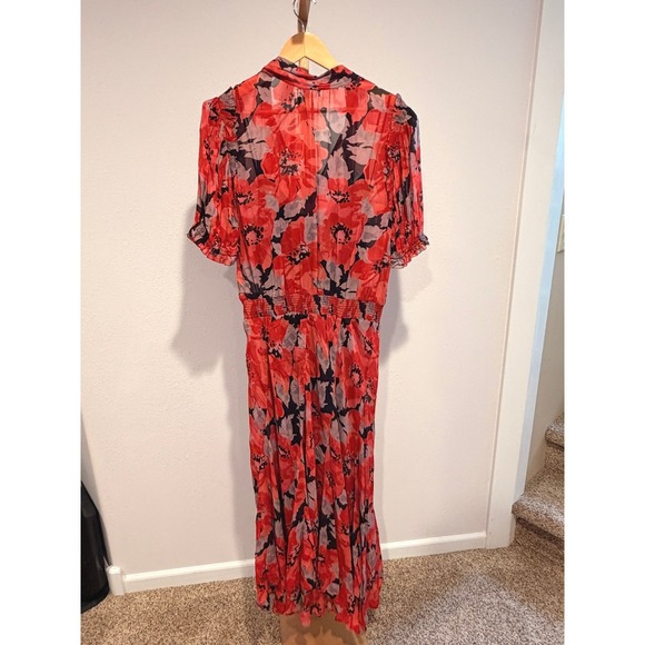 Polo by Ralph Lauren Womens Red Floral Maxi Dress Sheer Puff Sleeve Smocked